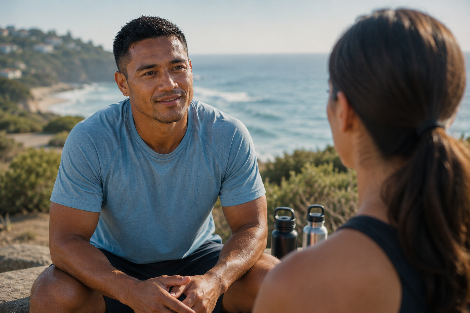 Niko Apulu seated post-session on a coastal-track stone bench with a private client, listening