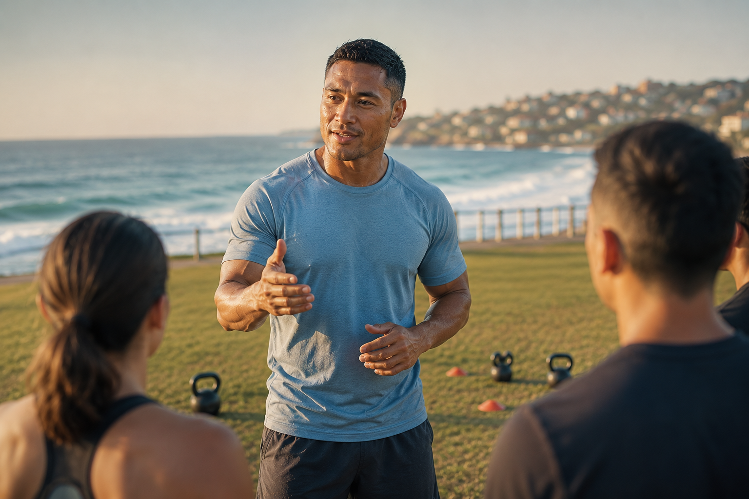 Niko Apulu mid-cue at a Bondi Park boot-camp at golden hour, group out of focus