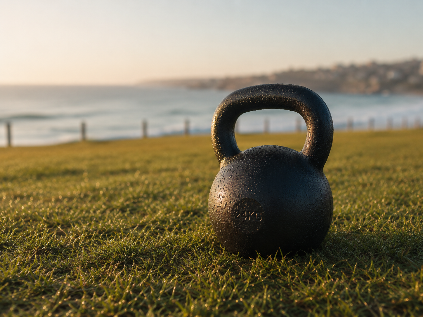 Single kettlebell on Bondi Park grass at sunrise, dewdrops and ocean horizon faint in soft background