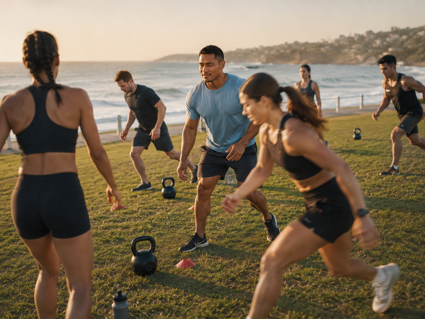 Small group boot-camp mid-action on Bondi Park grass at golden hour, kettlebells and cones in foreground