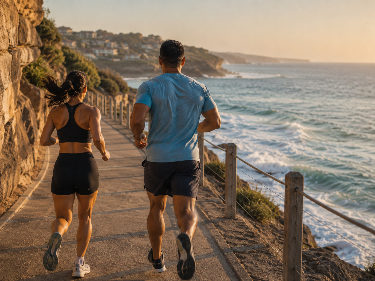 Two figures running along the Bondi-to-Bronte coastal track at golden hour, ocean to the right