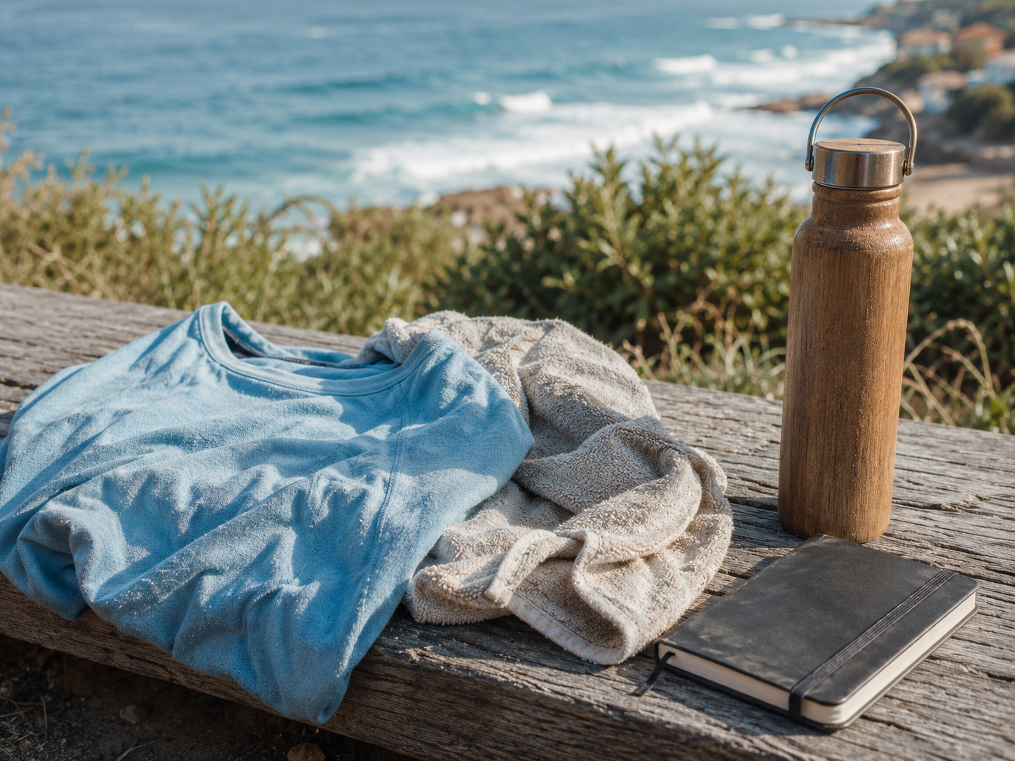 Faded sky-blue tee, salt-stained towel and water bottle on weathered timber bench overlooking the ocean