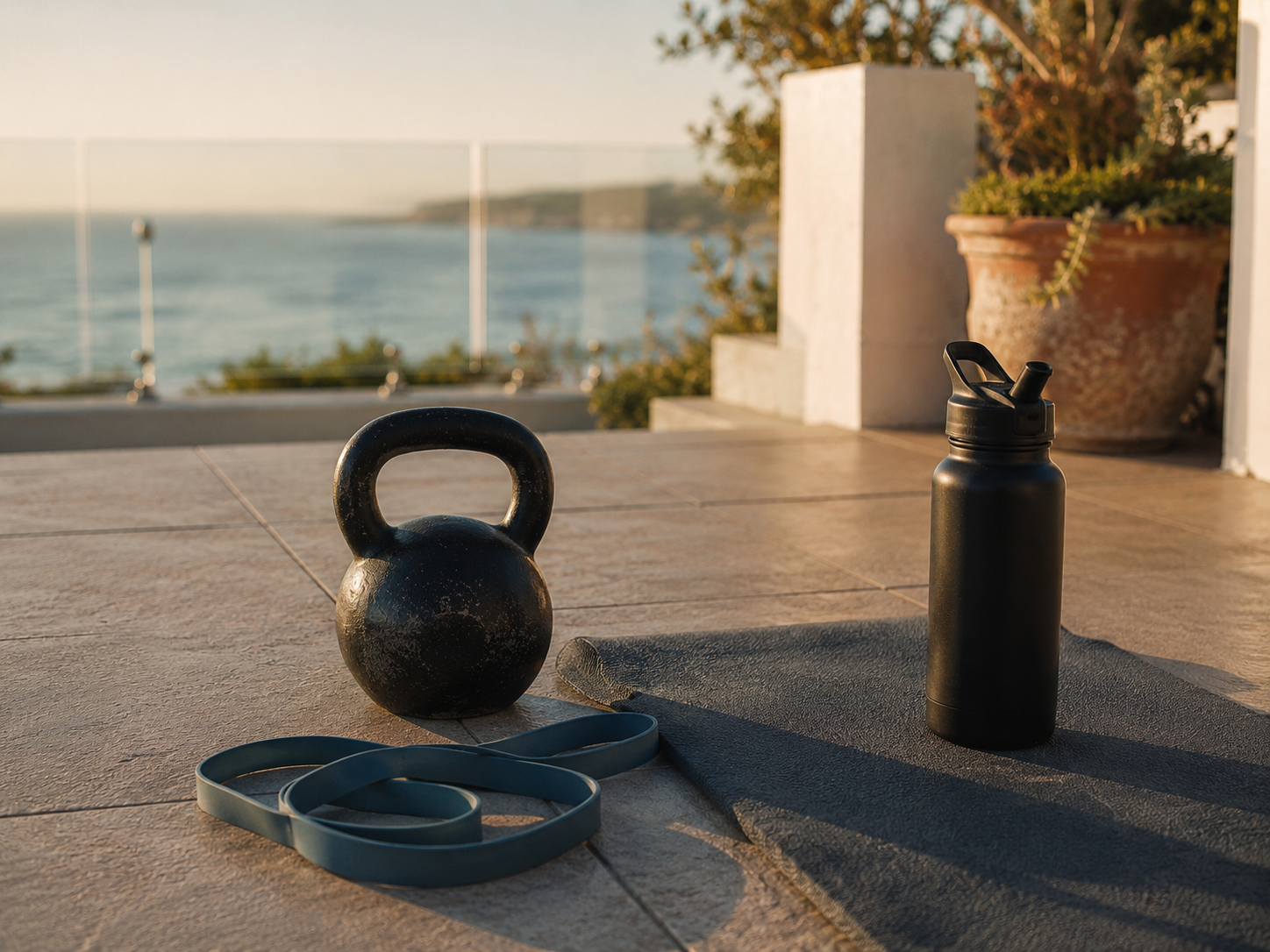 Fitness equipment laid out on an Eastern Suburbs courtyard at golden hour, soft warm side light