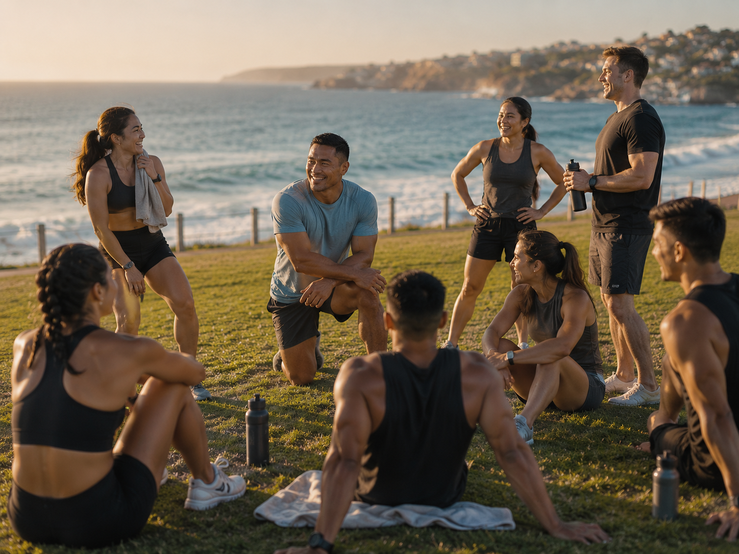 Small workplace or friend group on Bondi Park grass post-session, towels and water bottles around